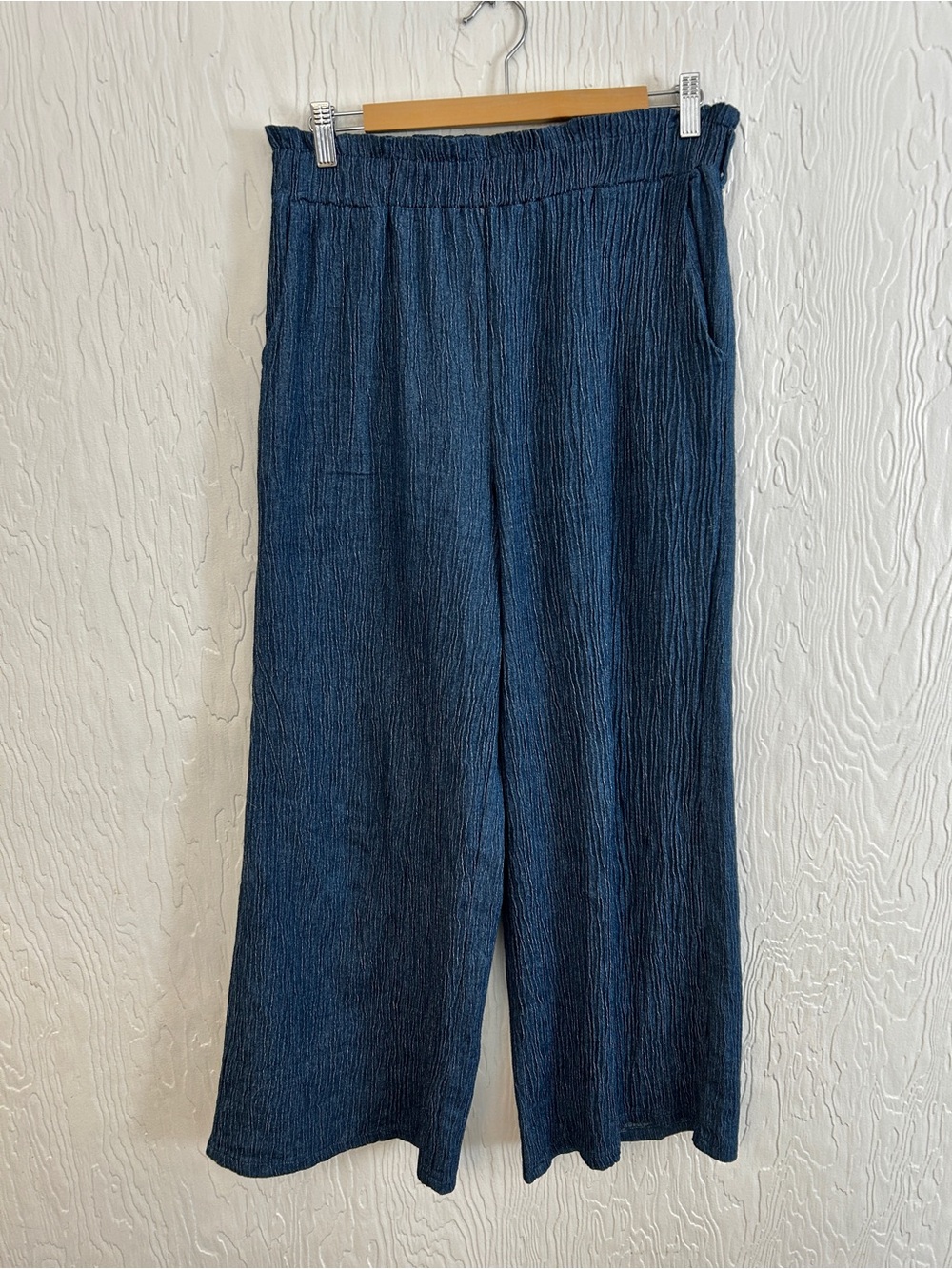 ANTHROPOLOGIE Sadie & Sage Wide Leg Cotton Pants Large Navy Blue Lightweight